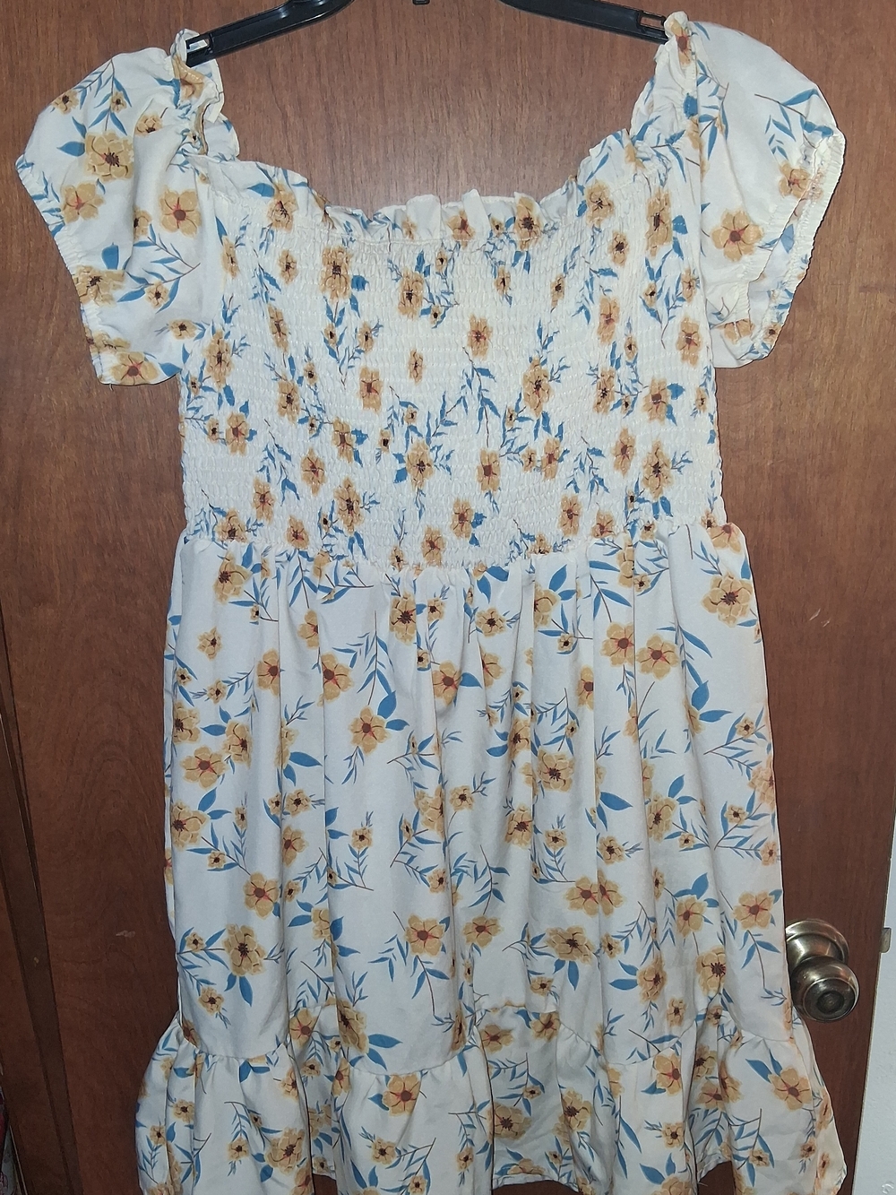 SHEIN White Floral Smocked Dress with Yellow and Blue Accents